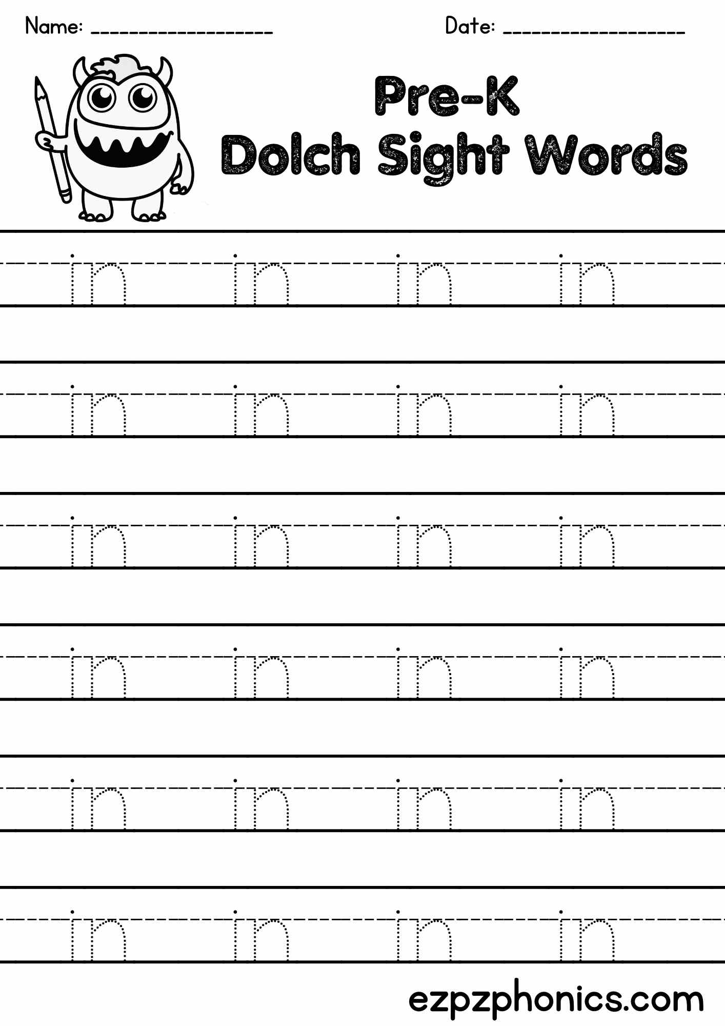 "in" Sight Word Tracing Worksheet Pre Kindergarten Free PDF Download